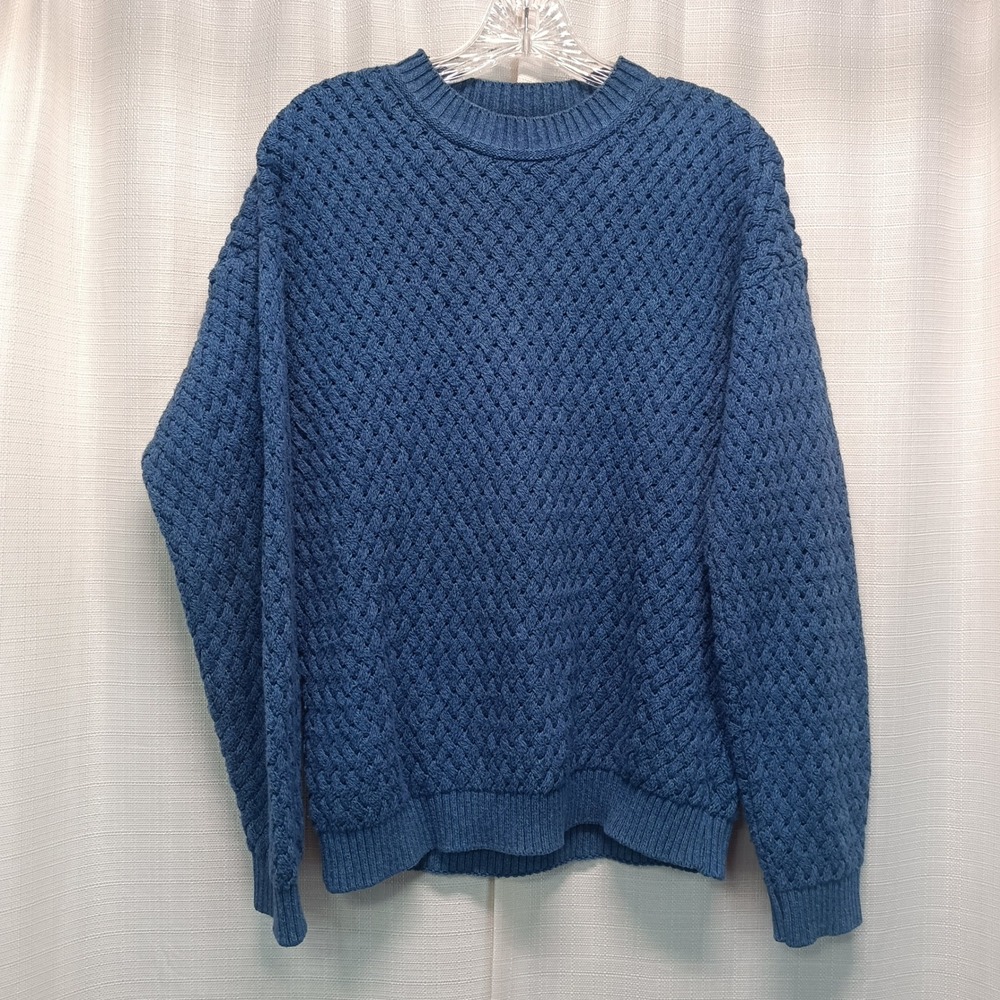 Vtg Blue Serge Mens Basketweave Knit Cotton Sweater Blue Made in USA Size S-M
